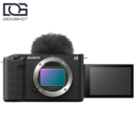 نمای روبه‌روی Sony ZV-E1 مشکی با نمایشگر باز و Wind Screen