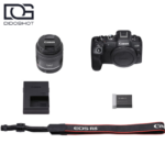 محتویات جعبه Canon EOS R8 Kit شامل لنز RF24-50mm باتری شارژر و بند