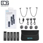محتویات کامل BOYA BY-W4 شامل چهار فرستنده، گیرنده، کابل ها، بادگیرها و کیف حمل