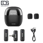 محتویات BOYA BY-WM3T-M2 شامل دو فرستنده گیرنده 3.5mm TRS کیس شارژ کابل و دو بادگیر