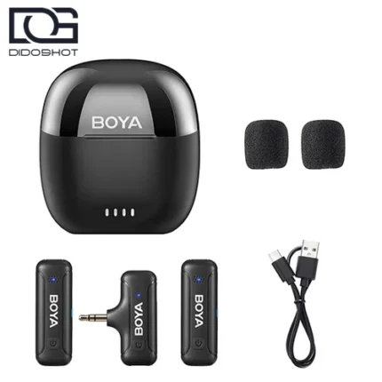 محتویات BOYA BY-WM3T-M2 شامل دو فرستنده گیرنده 3.5mm TRS کیس شارژ کابل و دو بادگیر