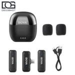 محتویات BOYA BY-WM3T-U2 شامل دو فرستنده گیرنده USB-C کیس شارژ کابل و دو بادگیر