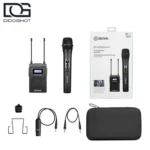 محتویات BOYA BY-WM8 Pro-K3 شامل گیرنده RX8 Pro میکروفون دستی کابل ها و کیف حمل