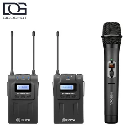BOYA BY-WM8 Pro-K4 سیستم میکروفون بی سیم UHF با گیرنده دوکاناله فرستنده بادی پک و میکروفون دستی